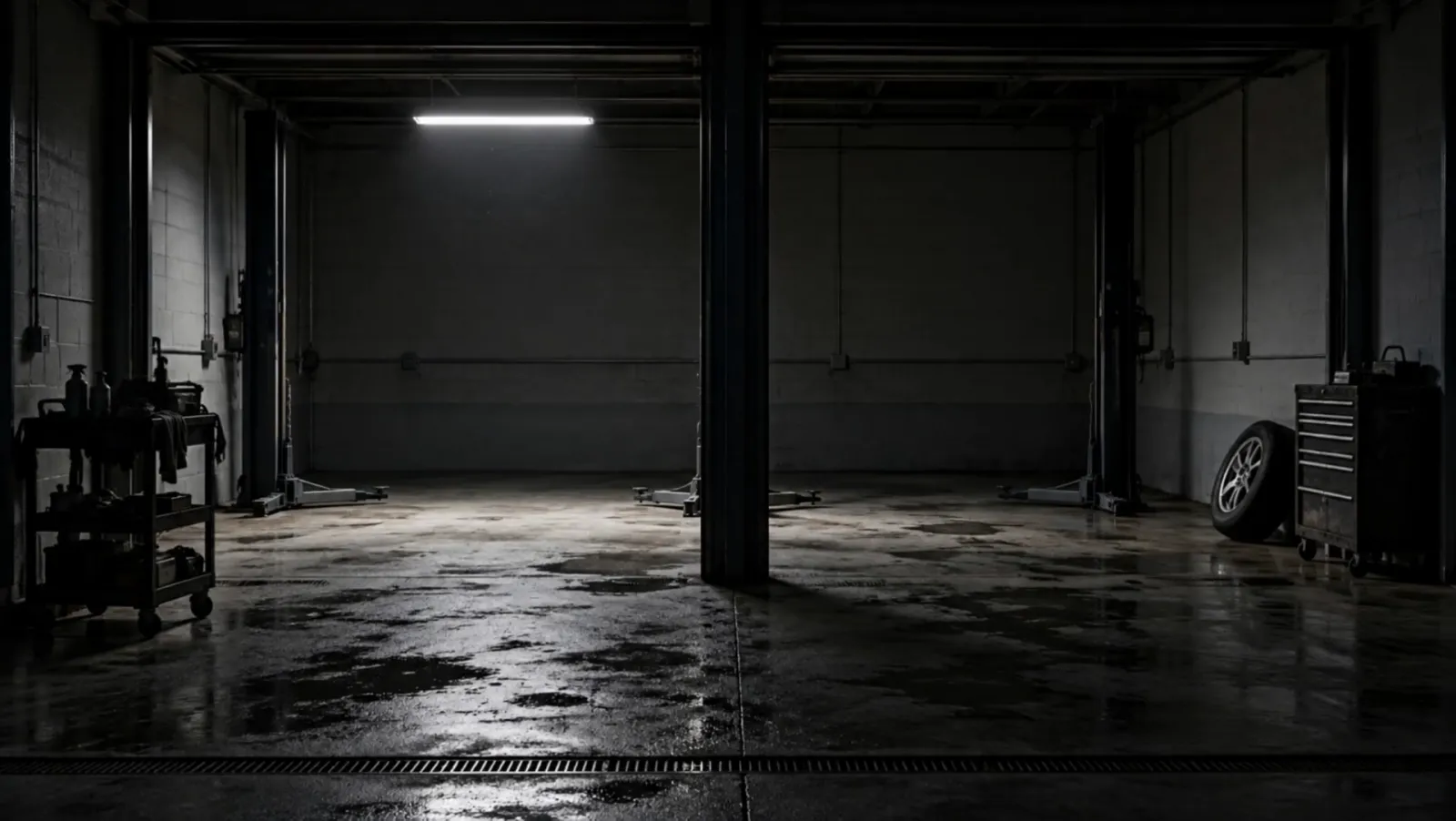 Illustrative empty two-bay garage under a single overhead work light